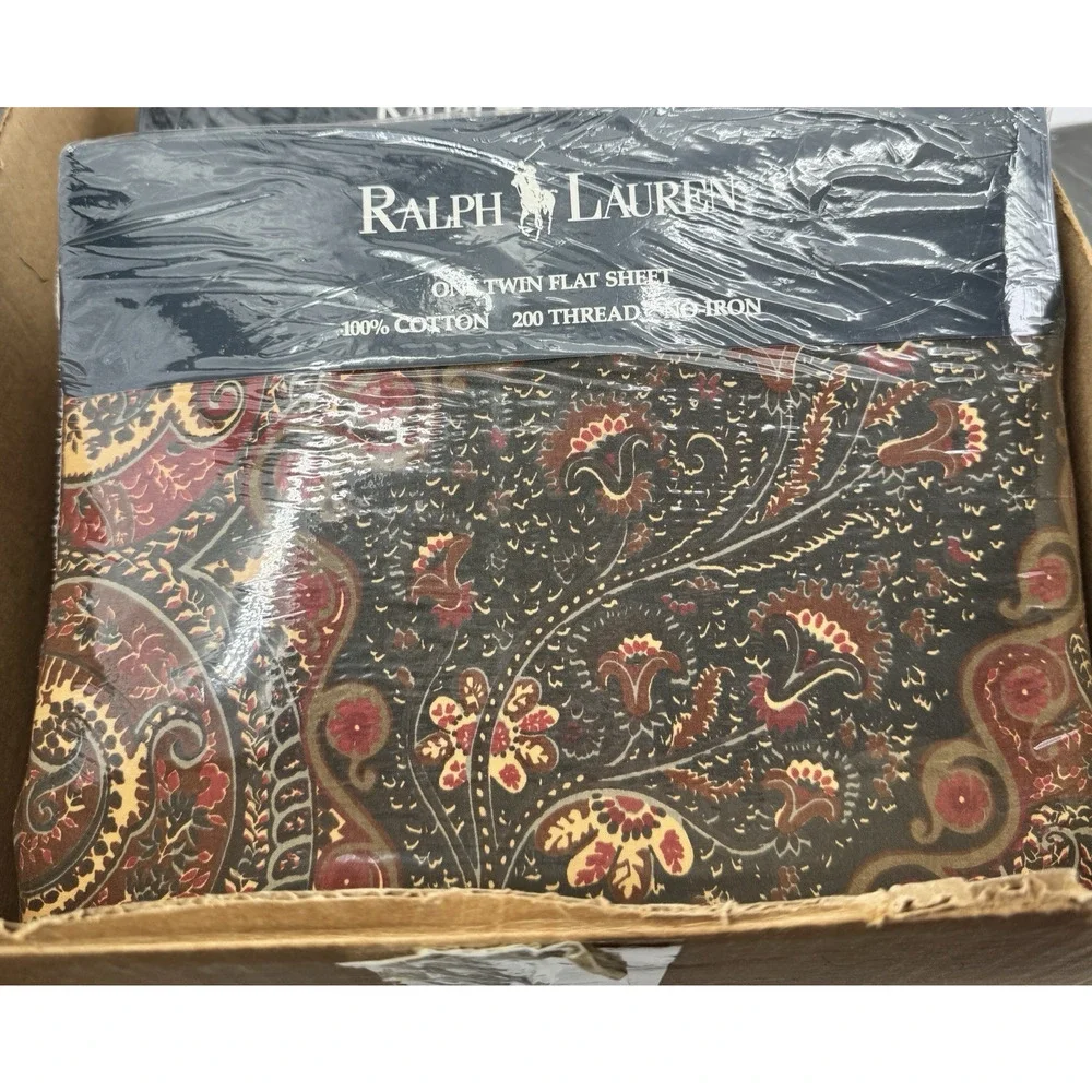 Vintage RALPH LAUREN TWIN‎ Flat Sheet Whitbury Paisley Black Red Brown Combed